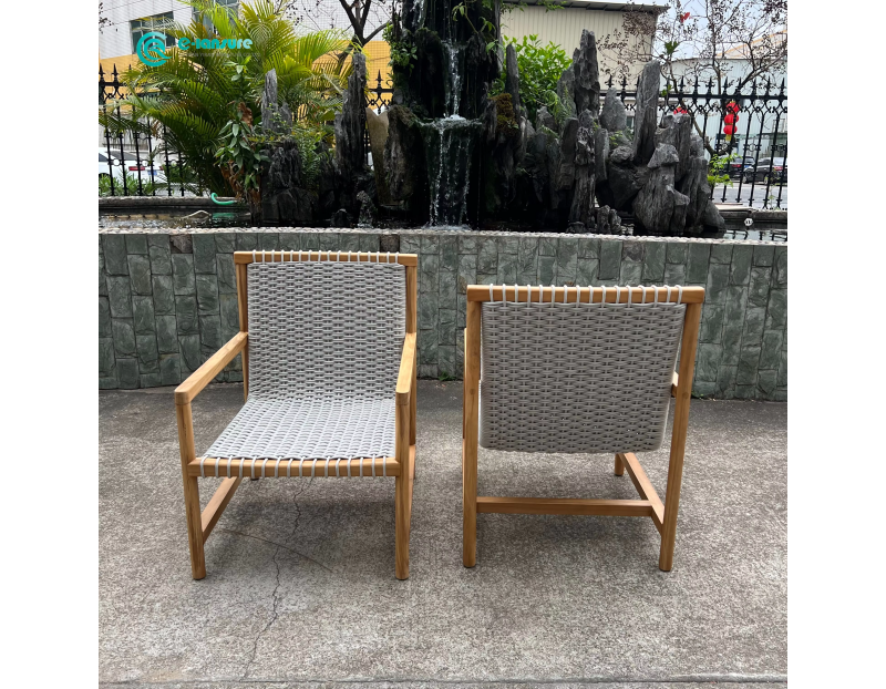 Modern Retro Style Outdoor Furniture Teak Wood Dining Chair with Woven Rope for Villa Courtyard Reosort
