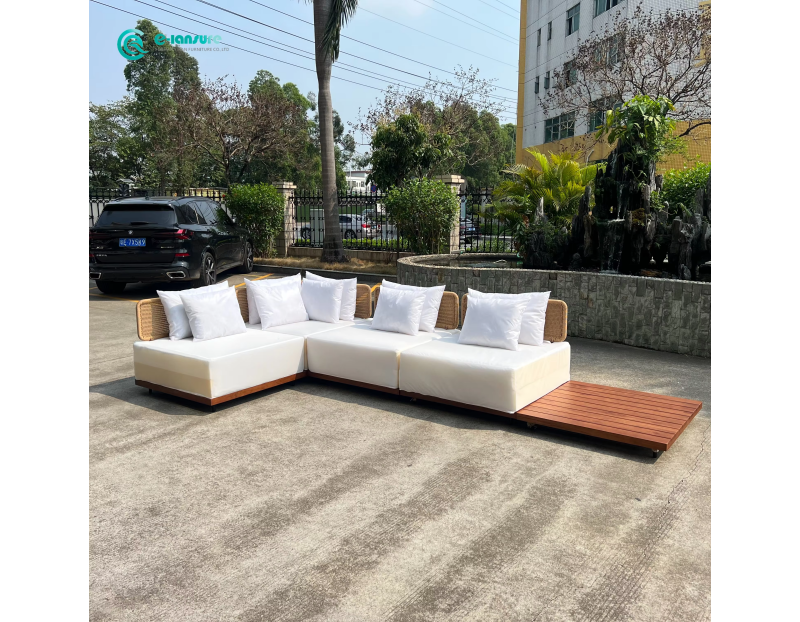 High Quality Outdoor Modular Sofa Teak Wood Base with Stylish Woven Rattan Backrest Garden Furniture for Villa Hotel