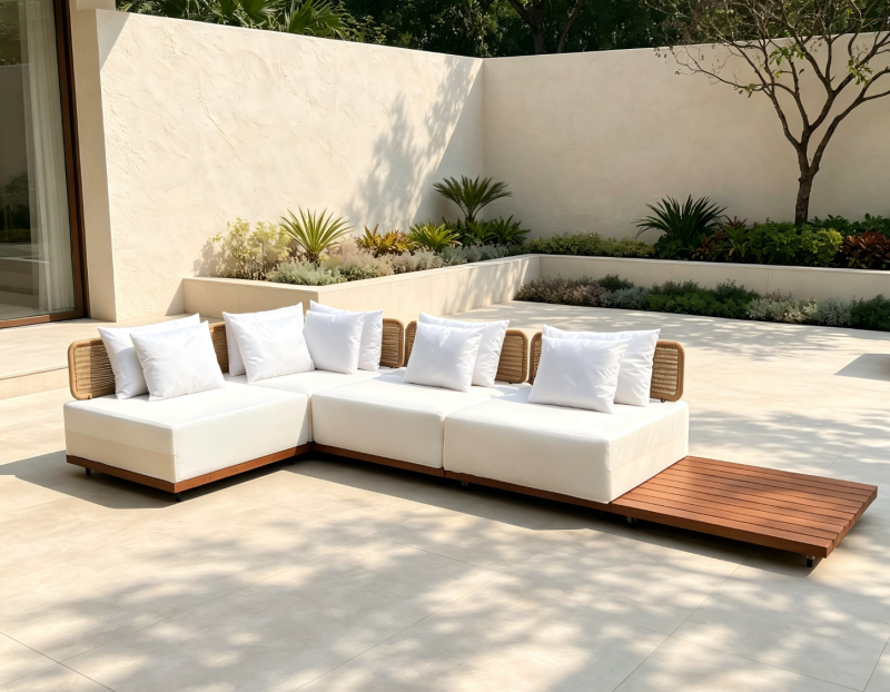 High Quality Outdoor Modular Sofa Teak Wood Base with Stylish Woven Rattan Backrest Garden Furniture for Villa Hotel