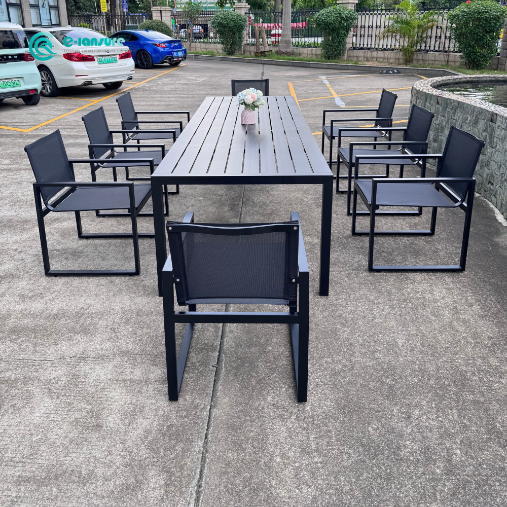Leisure Durable Aluminum Frame Outdoor Dining Set Long Dining Table and Dining Chair Garden Furniture for Villa Courtyard Hotel
