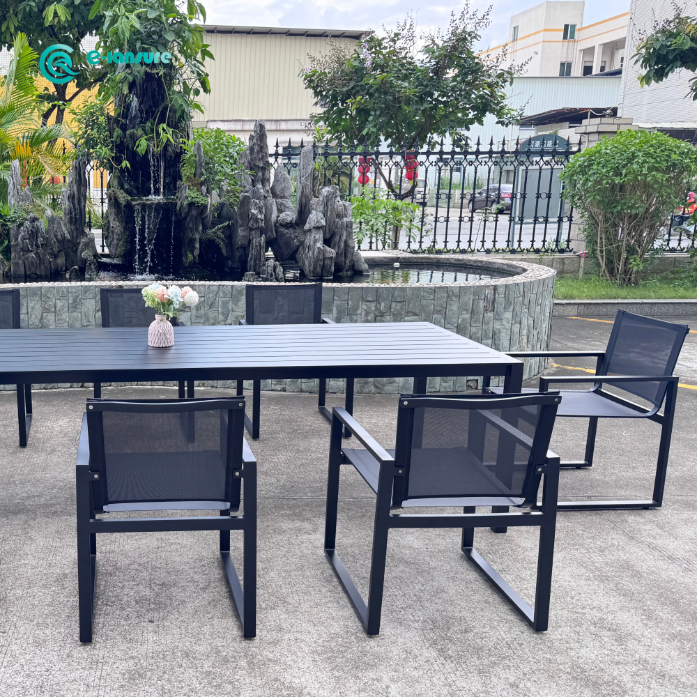 Leisure Durable Aluminum Frame Outdoor Dining Set Long Dining Table and Dining Chair Garden Furniture for Villa Courtyard Hotel