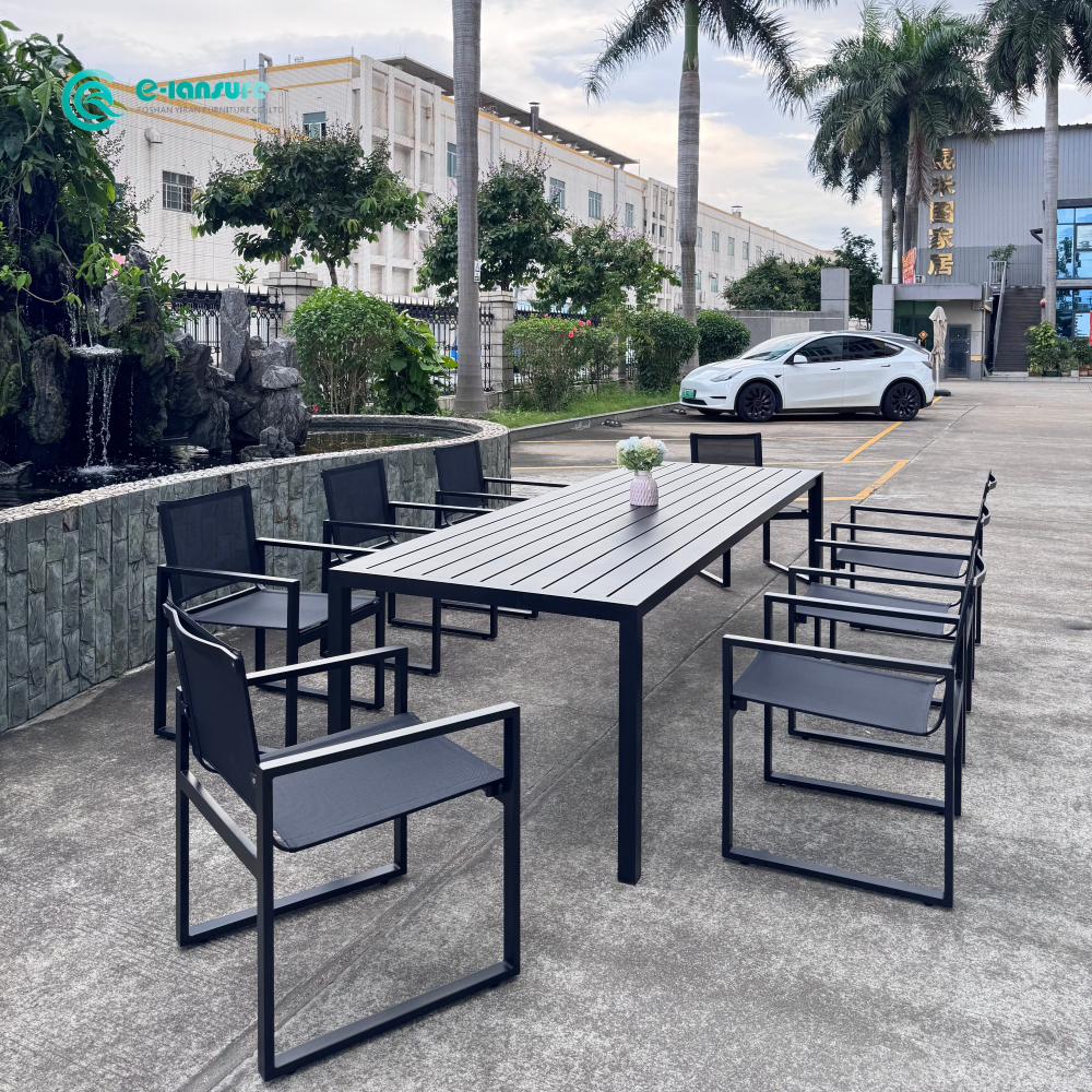 Leisure Durable Aluminum Frame Outdoor Dining Set Long Dining Table and Dining Chair Garden Furniture for Villa Courtyard Hotel