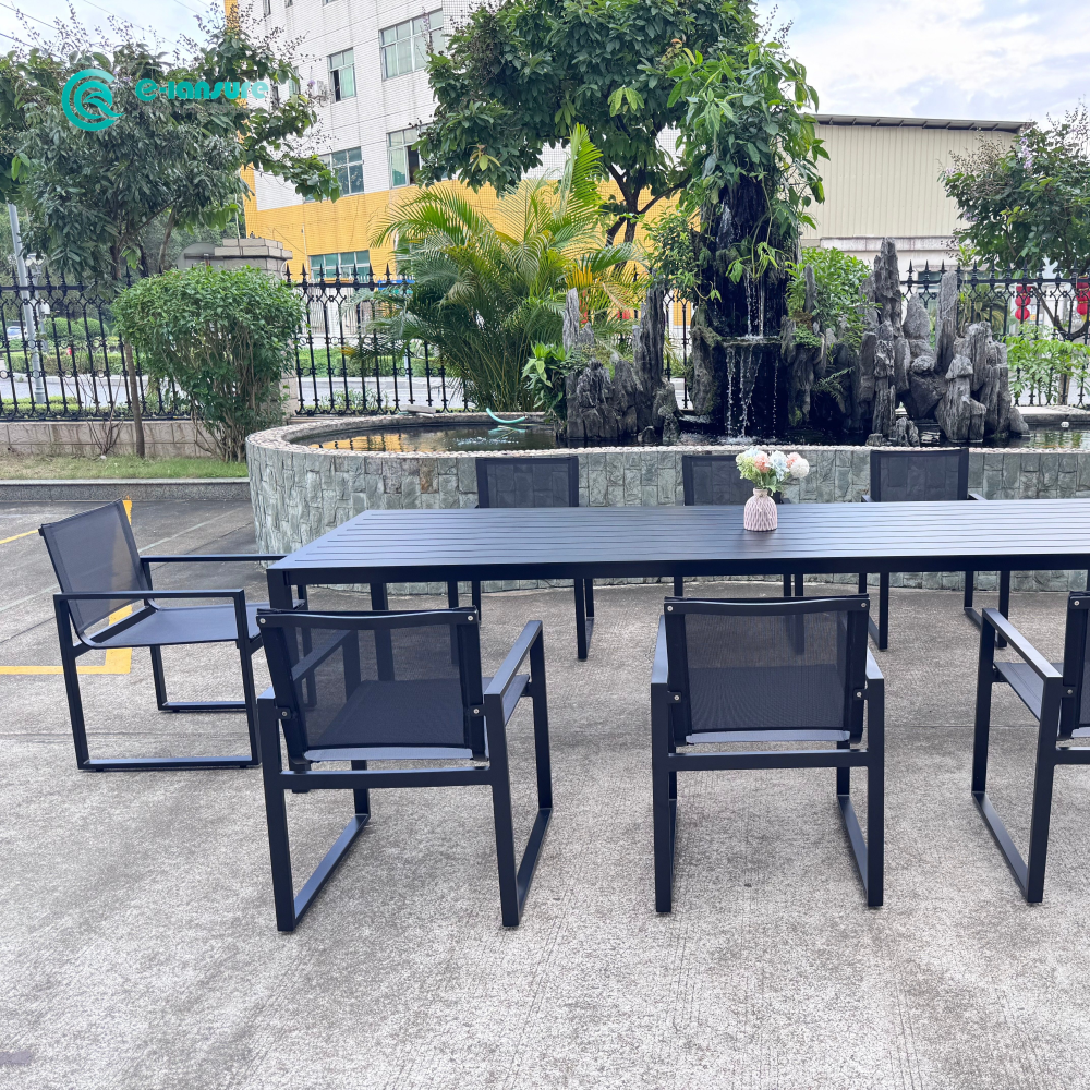 Leisure Durable Aluminum Frame Outdoor Dining Set Long Dining Table and Dining Chair Garden Furniture for Villa Courtyard Hotel