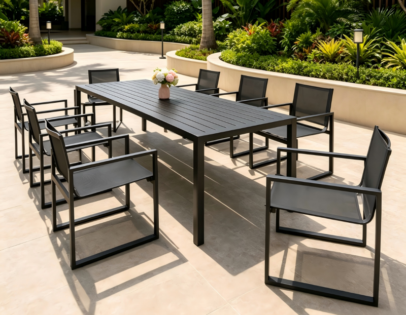 Leisure Durable Aluminum Frame Outdoor Dining Set Long Dining Table and Dining Chair Garden Furniture for Villa Courtyard Hotel