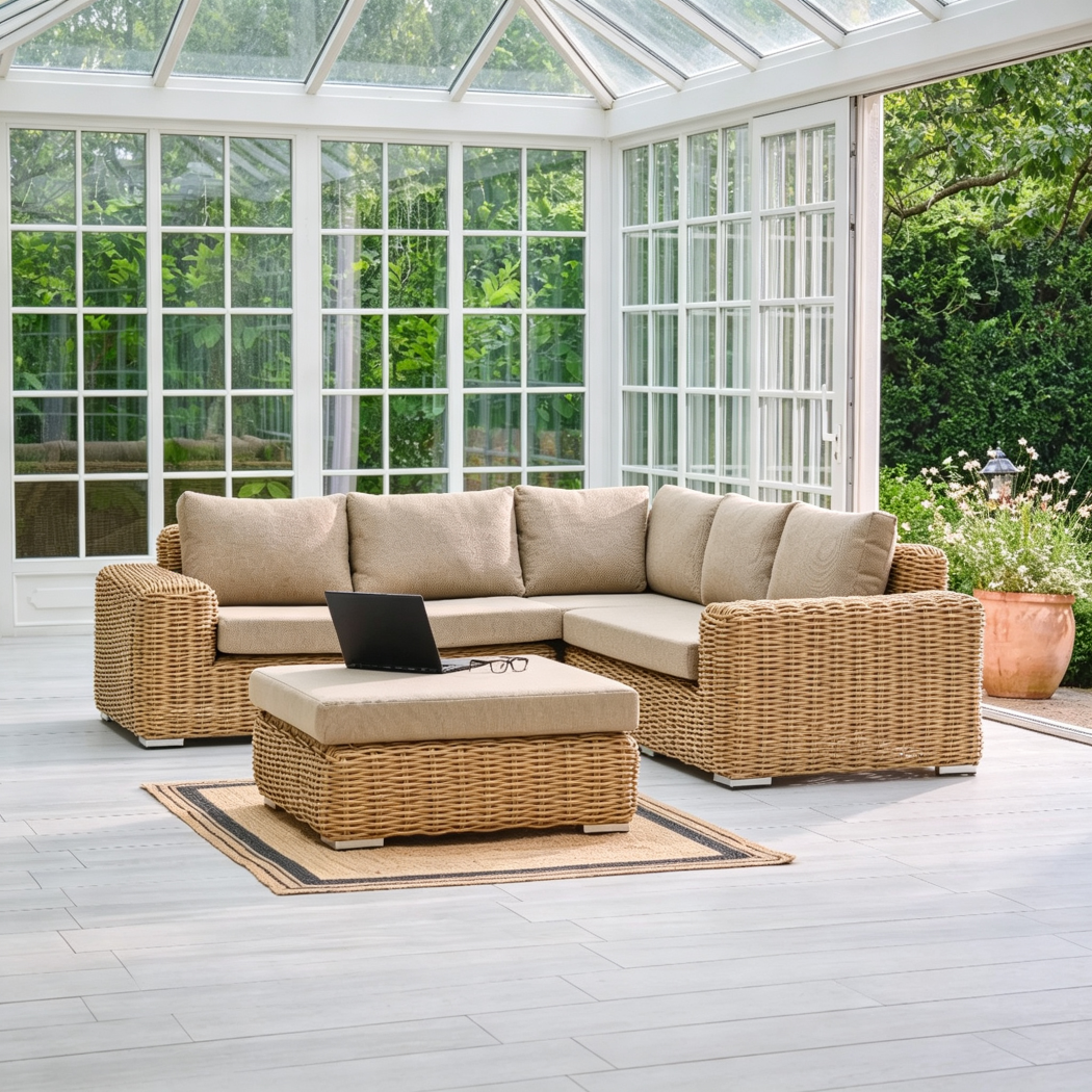 Comfortable Outdoor Furnitre Aluminum Frame and Rattan Sectional Sofa with Ottoman Removable Cover Corner Set for Patio Courtyard Garden