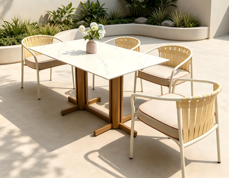 Casual Modern Outdoor Aluminum Frame Furniture Yellow Ribbon Dining Chair with Elegant Dining Table
