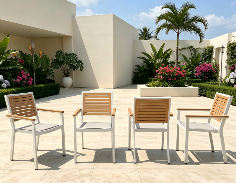 Ontemporary Aluminum Outdoor Dining Chair with Premium Wooden Backrest Suitable for Patios and Garden Furniture Collections