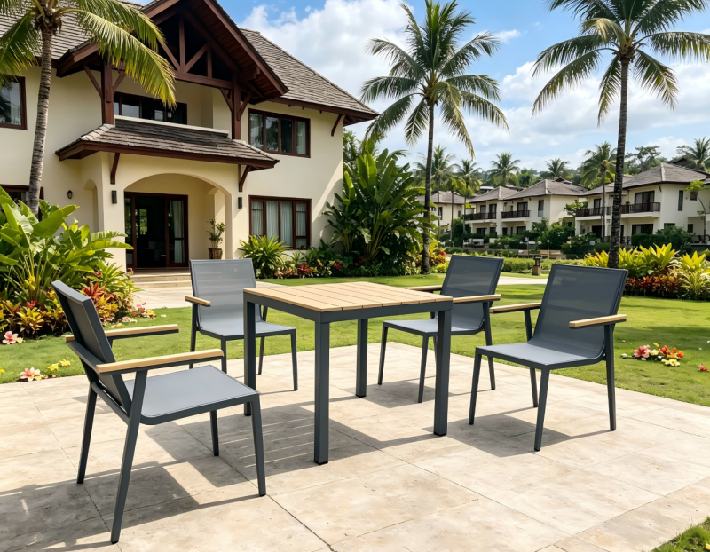 Outdoor Casual Sleek Aluminum Frame Furniture Dining Chair with Grey Woven Rope and Dining Table for Patio and Included Waterproof Seat Cushion