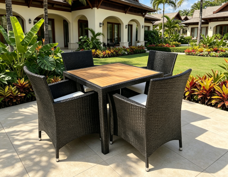 Factory Wholesale Outdoor Dining Furniture Woven PE Rattan Dining Chair and Teak Wood Tabletop Dining Set for Garden