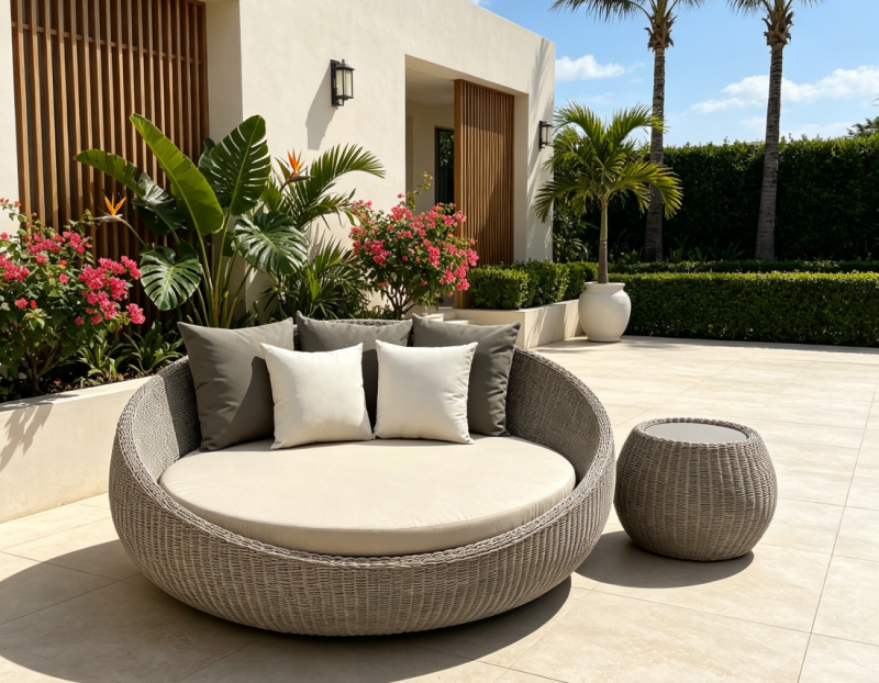 Casual Durable Aluminum Frame and Rattan Daybed with Coffee Table Set Waterproof Cushions