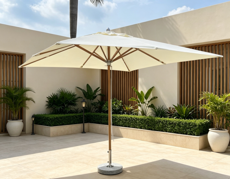 Elegant Factory Hot Sale Product Outdoor Aluminum Frame with Wooden Color Umbrella and Marble Base Parasol