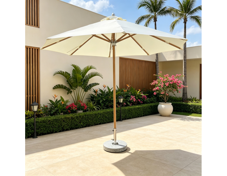 Outdoor Furniture Series 2 meters Beach Umbrella Aluminum Frame and Wooden Color with Heavy Marble Base Parasol