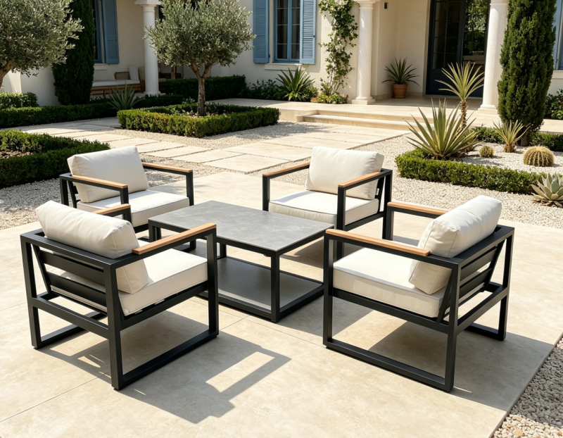Wholesale Outdoor Sofa Set Teak Wood Armrest and Aluminum Frame Combination with Coffee Table Suitable for Outdoor Spaces