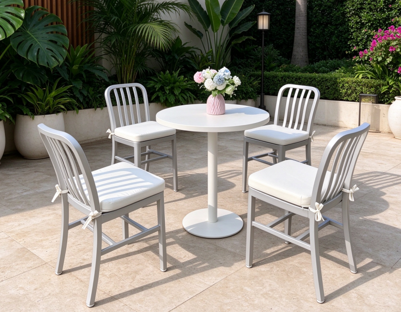 High Quality Aluminum Frame Outdoor Dining Set Round Table and Dining Chairs Patio Garden Furniture Ideal for Hotel Resort Villa Bistro Outdoor Area