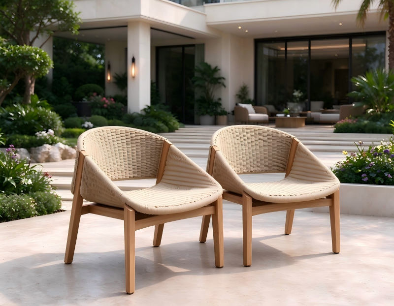 Retro Classic Outdoor Durable Teak Wood Frame with Woven Rattan Design Garden Leisure Chair for Villa Courtyard