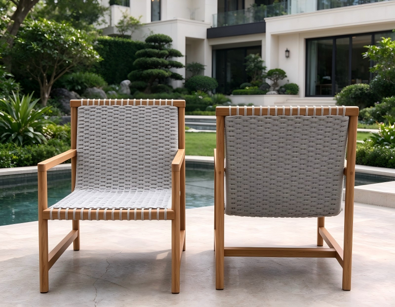Modern Retro Style Outdoor Furniture Teak Wood Dining Chair with Woven Rope for Villa Courtyard Reosort