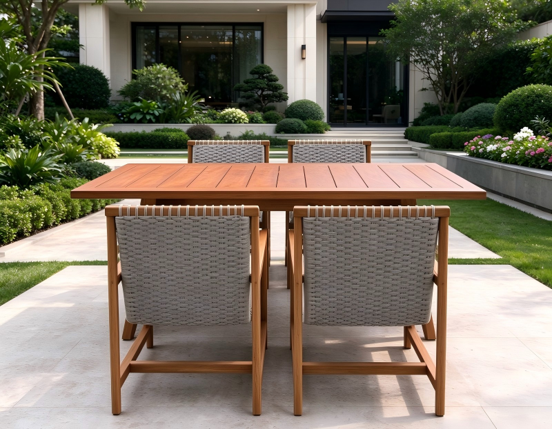 Classical Style Outdoor Furniture Teak Wood Dining Table with Woven Rope Chairs for Villa Courtyard