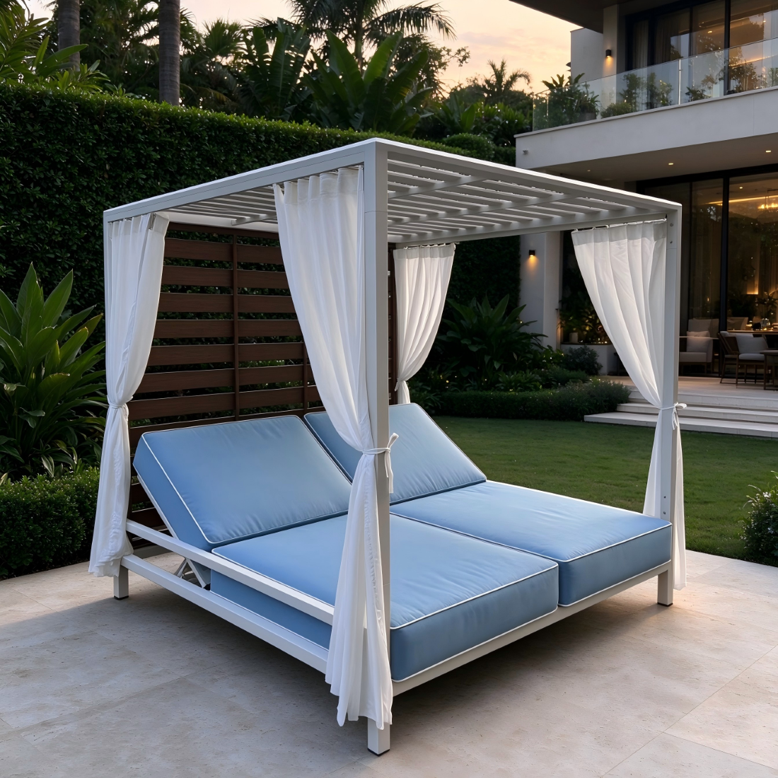 Stylish Outdoor Leisure Furniture Daybed Durable All Weather Aluminum Frame Lounge Bed with White Curtain for Poolside Hotel and Resort