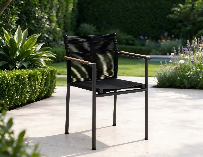 Minimalist Garden Seating Chair Sturdy Aluminum Frame Woven Rope Seat Wood Armrest Durable Outdoor Dining for Courtyards