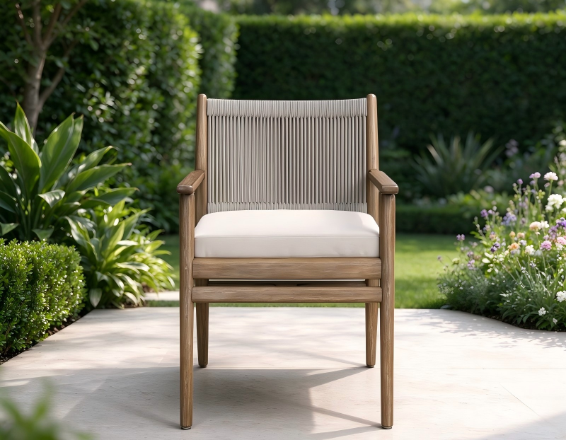 Elegant Teak Wood Patio Chair Featuring All-Weather Woven Rope Accents on Back and Arms for a Refined Garden Setting